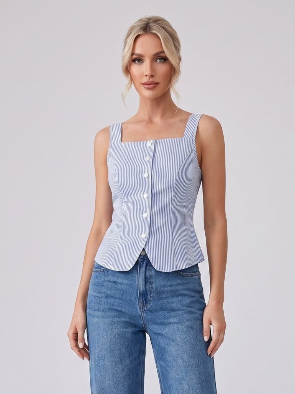 Women's Blue Striped Cotton Tank Top Button Front Square Neck Sleeveless